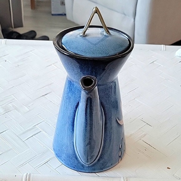 Sheesh Design Tall Coffee Tea Pot Ceramic 10" Tall Blue White Black - Picture 2 of 10